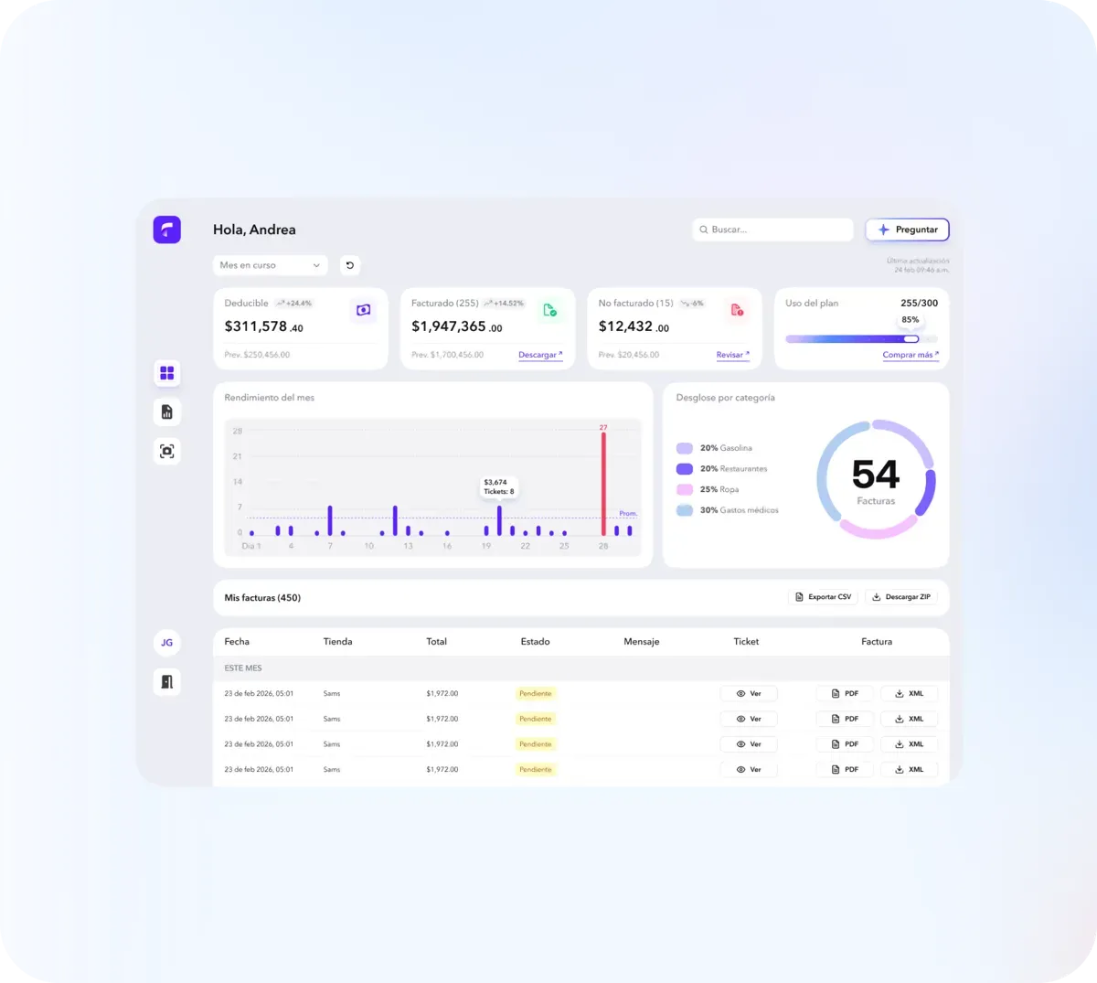 Dashboard de Fotofacturas para empresas con facturas del equipo organizadas
