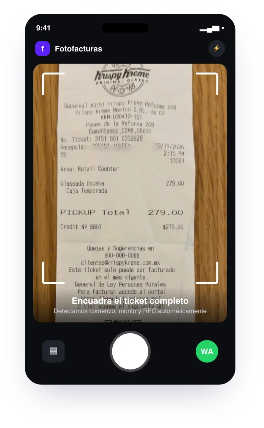 pantalla de la app subiendo la foto del ticket