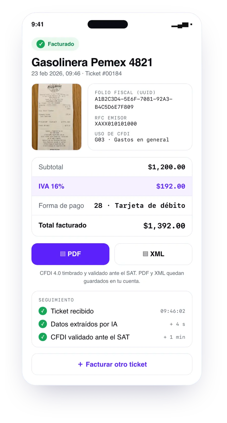[Screenshot: app screen with the ticket status — from 'Receipt received' to 'Invoice recovered' with PDF and XML]