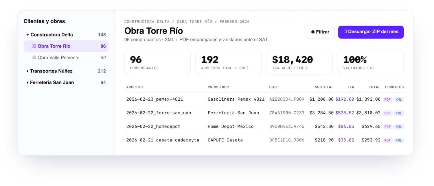 Vista del despacho: carpetas de CFDI (XML y PDF) organizadas por cada cliente del despacho