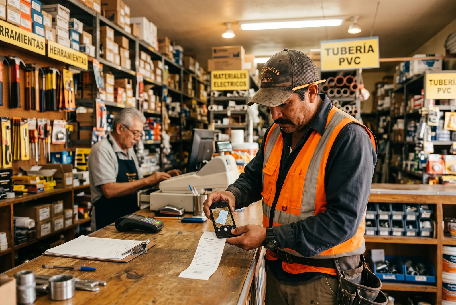 maestro de obra pagando materiales en el mostrador de la ferretería