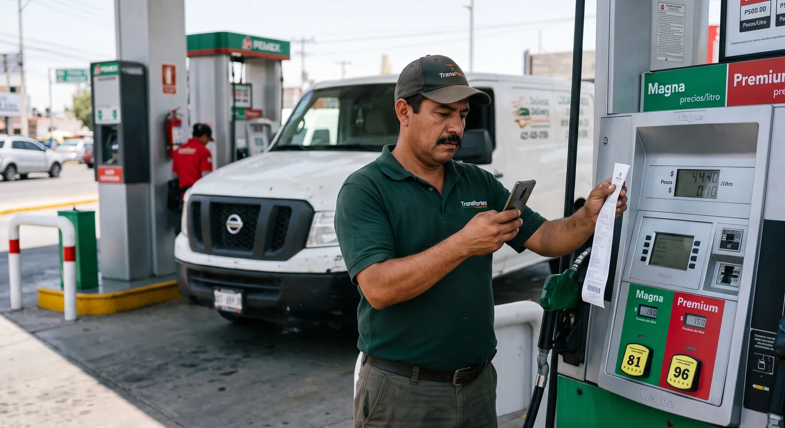 chofer fotografiando el ticket en la bomba de gasolina