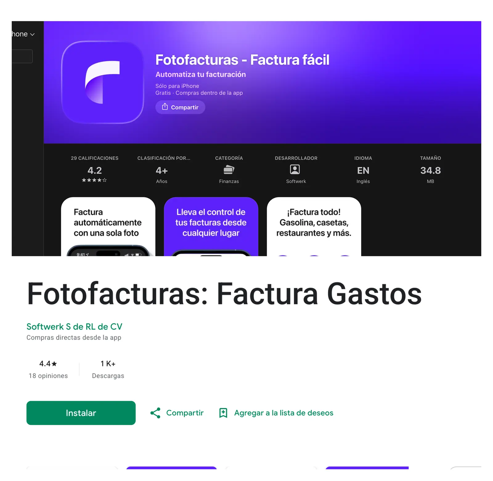 [Screenshot: 'Fotofacturas' listings on the App Store and Google Play, with the Softwerk developer name and the 4.3 ★ rating visible]