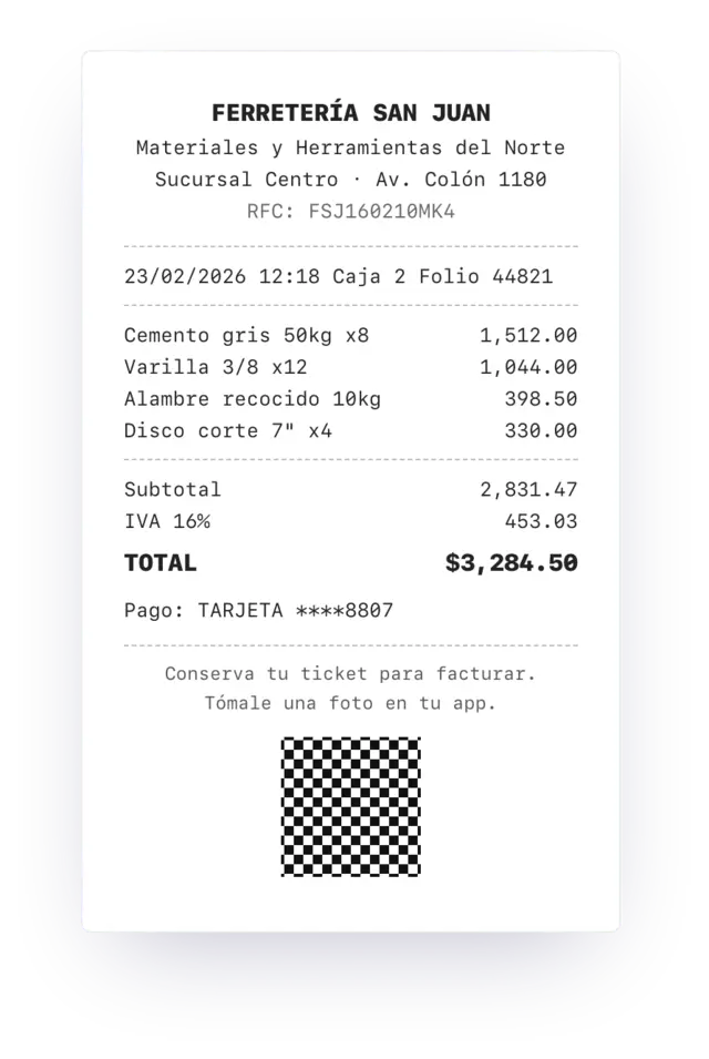 ticket de ferretería con materiales, tal como sale de la caja