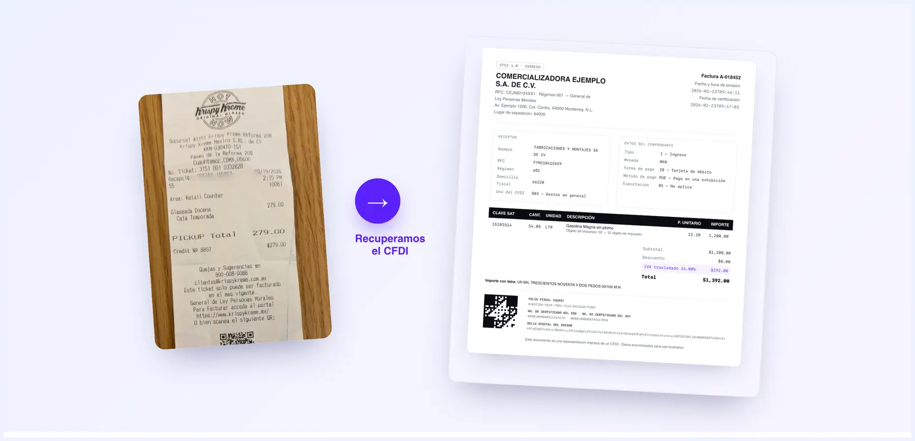 [Screenshot: the app showing an uploaded receipt next to its recovered CFDI — PDF and XML]